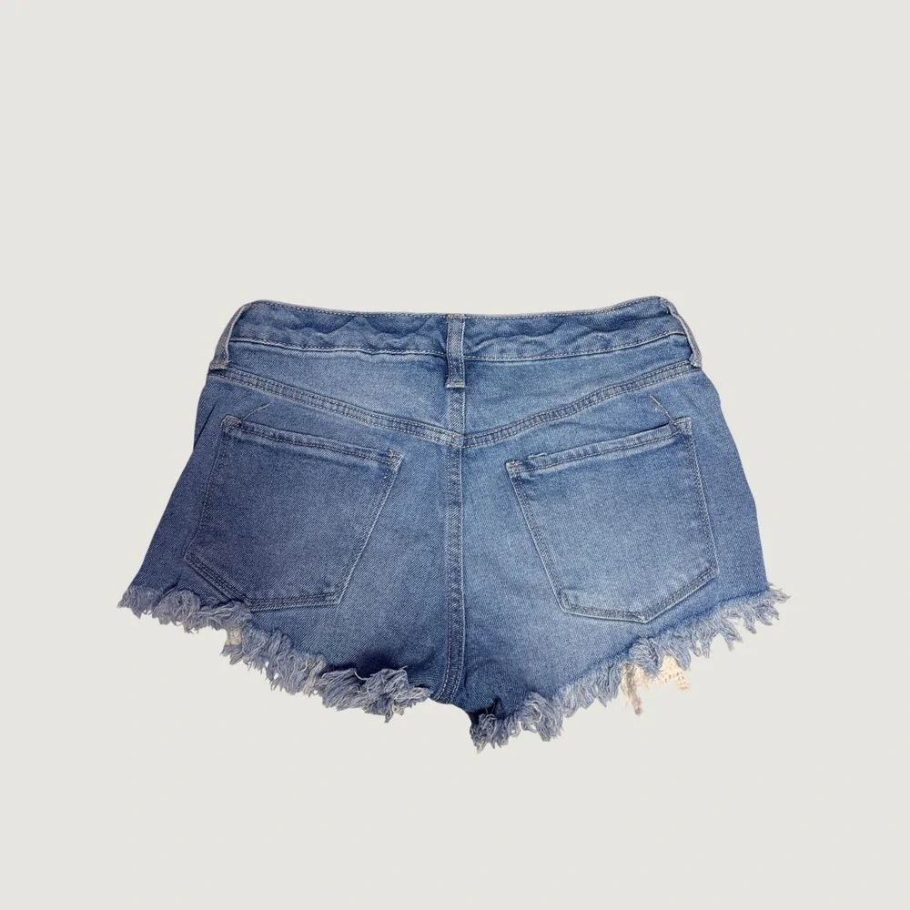 Mossimo High Rise Distressed Denim Shorts Lace Crochet Inset Blue Womens #16